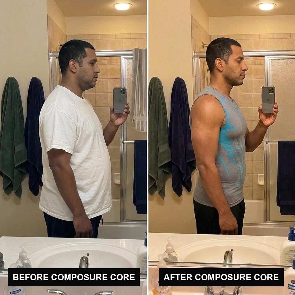 Before and after wearing Composure Core, mirror selfie