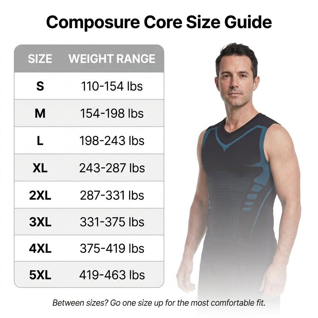 Composure Core size guide with weight ranges from S to 5XL
